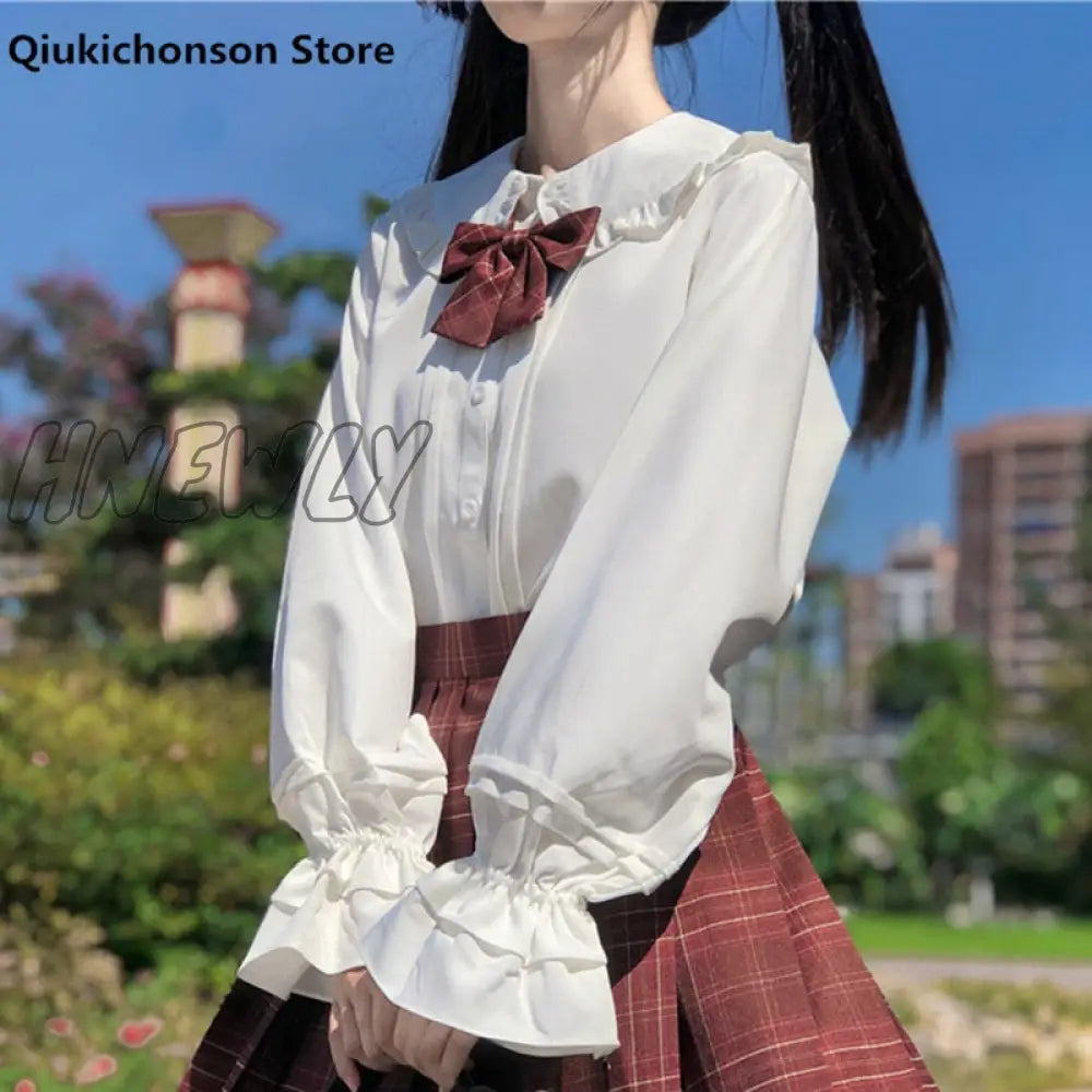 Long Sleeve White Shirt Teen Girls Women Spring Autumn Japanese Preppy Style Kawaii Frilly Peter