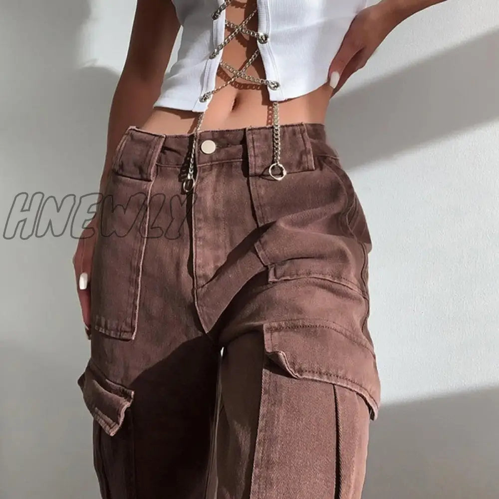 Loose Oversize Brown Jeans Women Casual High Waisted Cargo Pants With Pockets Vintage Cotton