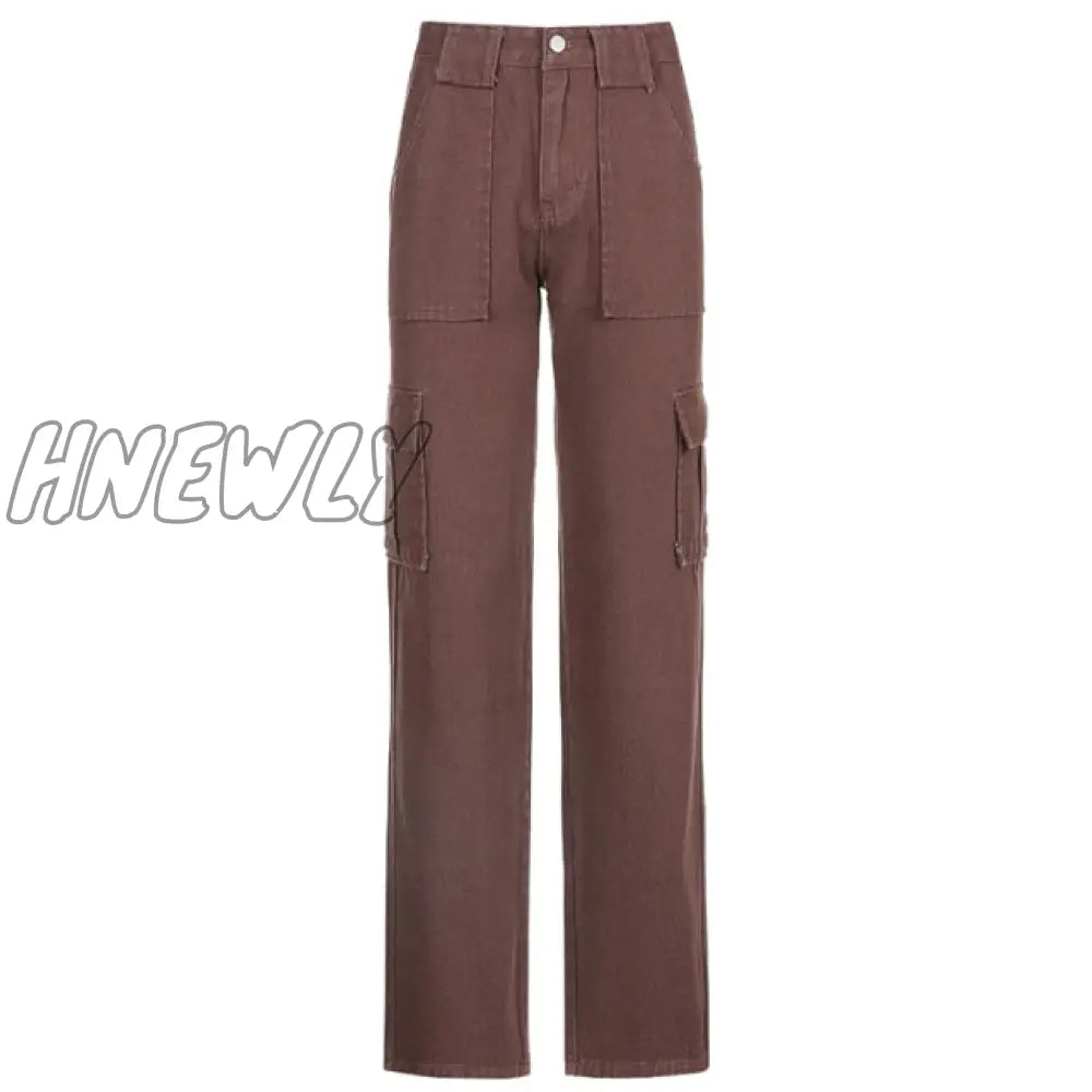 Loose Oversize Brown Jeans Women Casual High Waisted Cargo Pants With Pockets Vintage Cotton