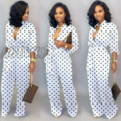 New Fashion Jumpsuit For Women Dot Black White Rompers Button Up Self Belted Pockets Womens Casual