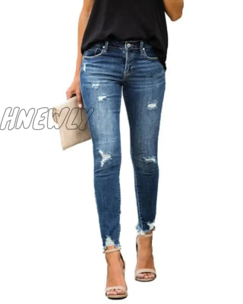 New Mid Waist Skinny Jeans Women Vintage Distressed Denim Pants Holes Destroyed Pencil Casual