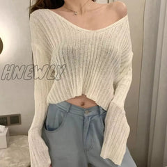 New Spring Summer Women Casual Loose V - Neck Knitted Long Sleeve T - Shirt Autumn Sexy Club Solid