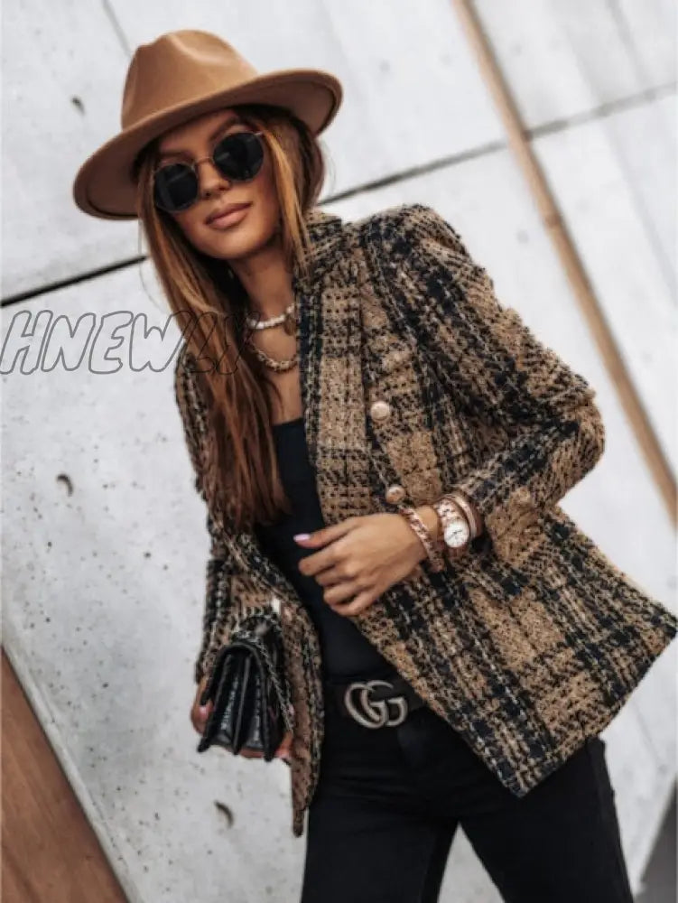 New Thin Suit Lady Long - Sleeved Blazer Casual Double - Breasted Check Slim Fit Office Elegant