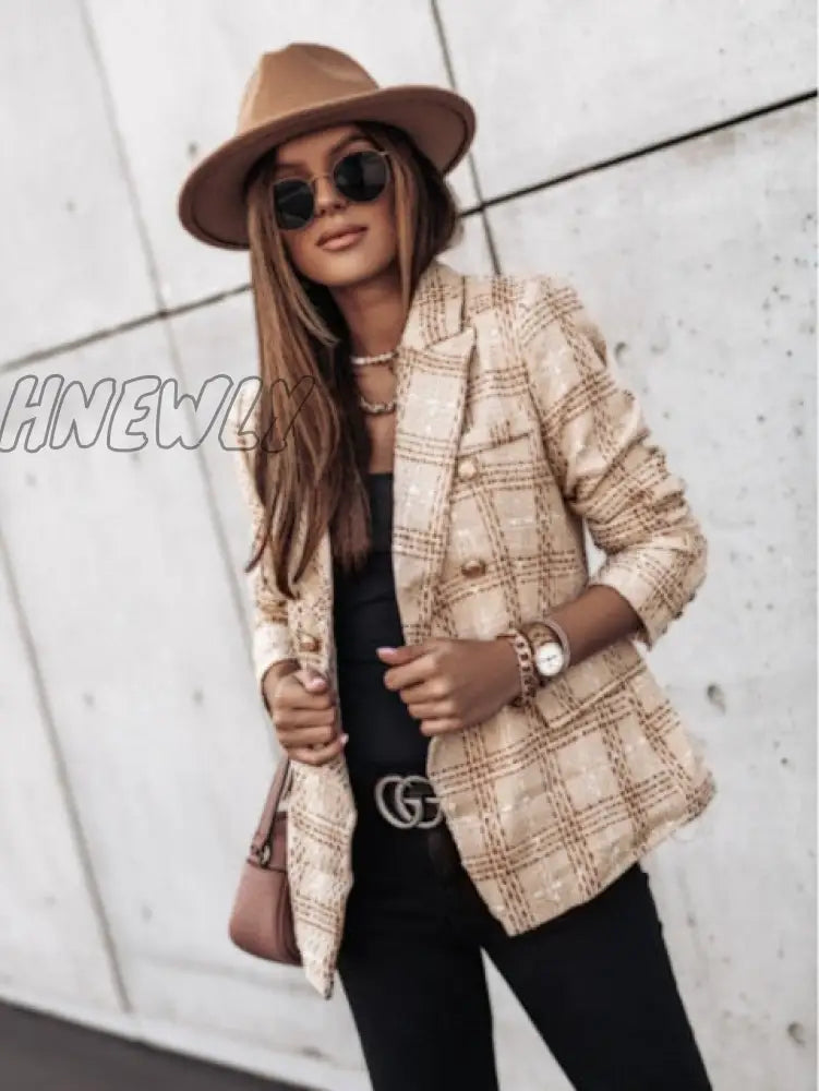 New Thin Suit Lady Long - Sleeved Blazer Casual Double - Breasted Check Slim Fit Office Elegant