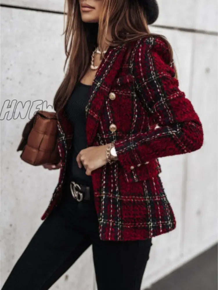 New Thin Suit Lady Long - Sleeved Blazer Casual Double - Breasted Check Slim Fit Office Elegant