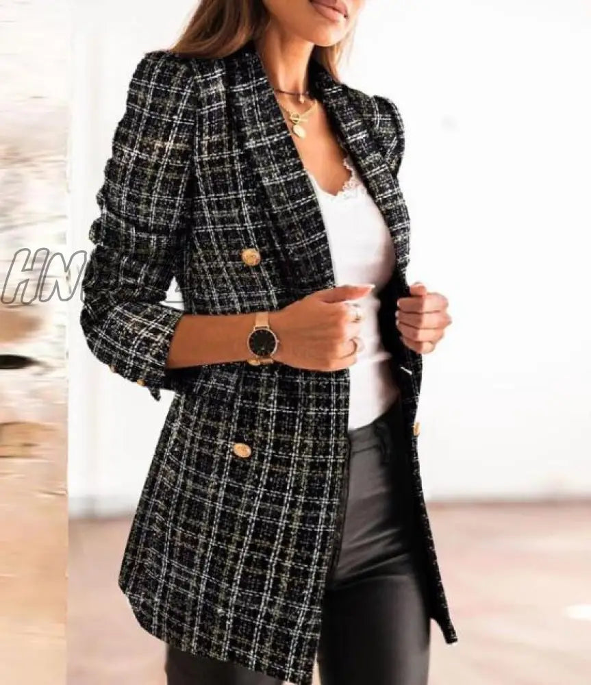 New Thin Suit Lady Long - Sleeved Blazer Casual Double - Breasted Check Slim Fit Office Elegant