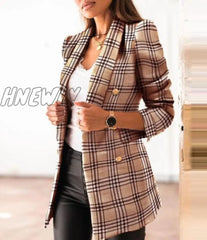 New Thin Suit Lady Long - Sleeved Blazer Casual Double - Breasted Check Slim Fit Office Elegant