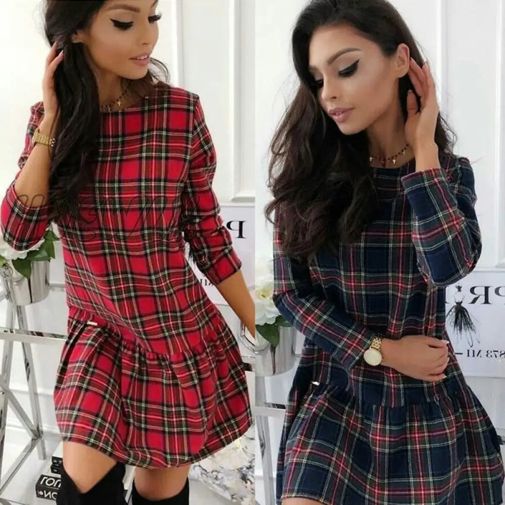 New Winter Christmas Red Plaid Dress Long Sleeve Scottish Slim Dresses Cotton Mini Autumn Party