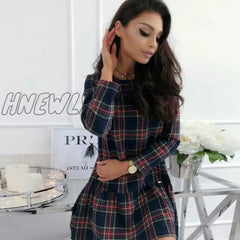 New Winter Christmas Red Plaid Dress Long Sleeve Scottish Slim Dresses Cotton Mini Autumn Party