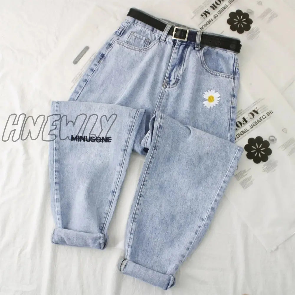 Oversize Denim Harem Trousers Mujer Vintage Casual Jeans Straight Women Pant Daisy Embroidery Jean