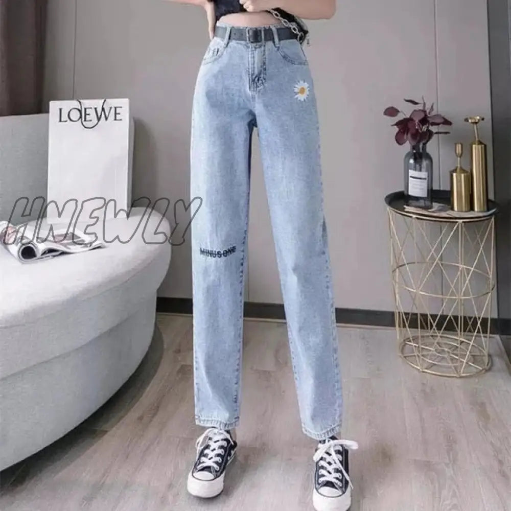 Oversize Denim Harem Trousers Mujer Vintage Casual Jeans Straight Women Pant Daisy Embroidery Jean