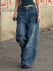 pantsparadises - Patchwork Blue Wash Baggy Cargo Jeans pantsparadises