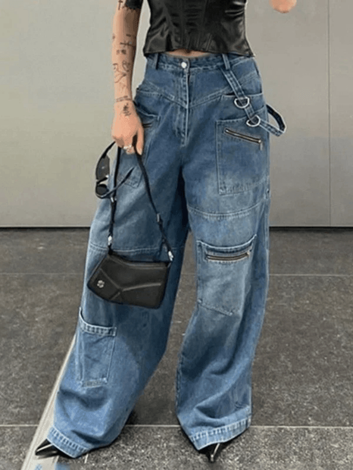 pantsparadises - Patchwork Blue Wash Baggy Cargo Jeans pantsparadises