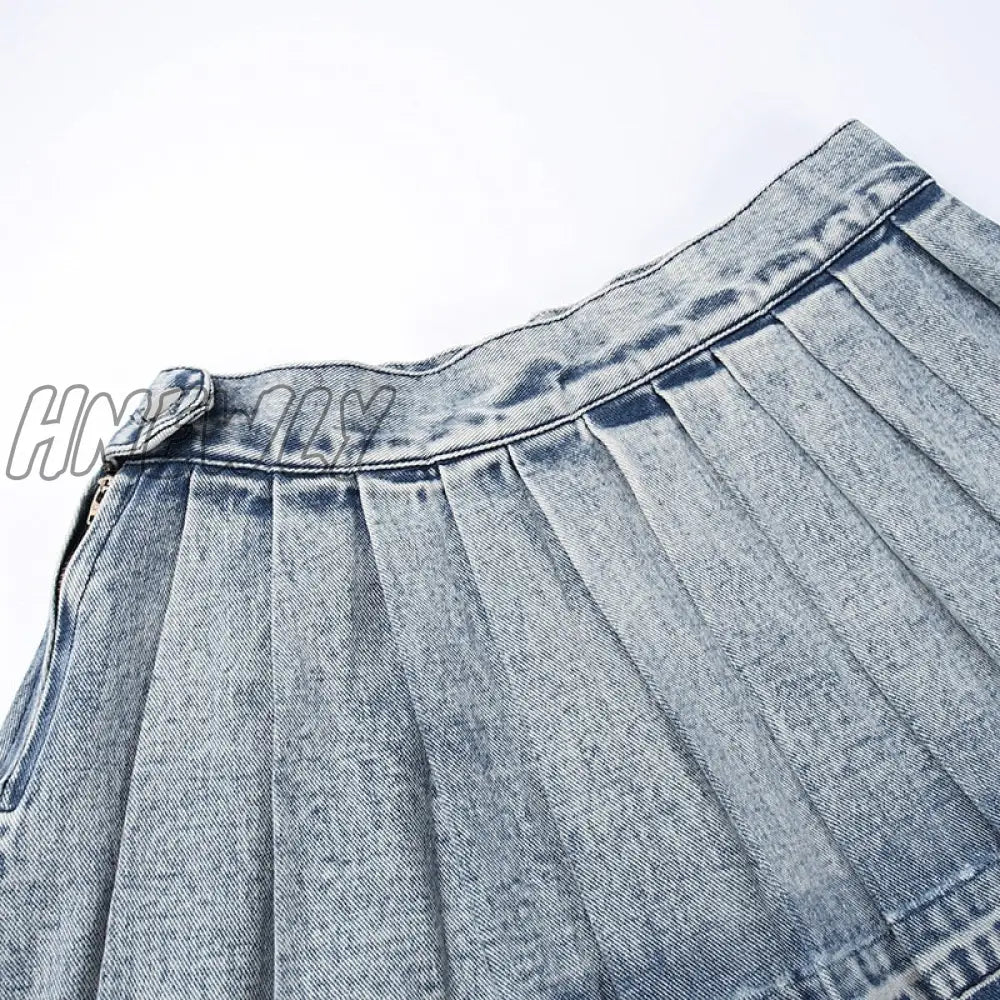 Pleated Denim Skirts Women Summe Trend Vintage Y2K 2024 Fashion Wild Streetwear Casualhipster