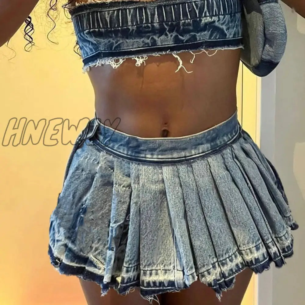 Pleated Denim Skirts Women Summe Trend Vintage Y2K 2024 Fashion Wild Streetwear Casualhipster