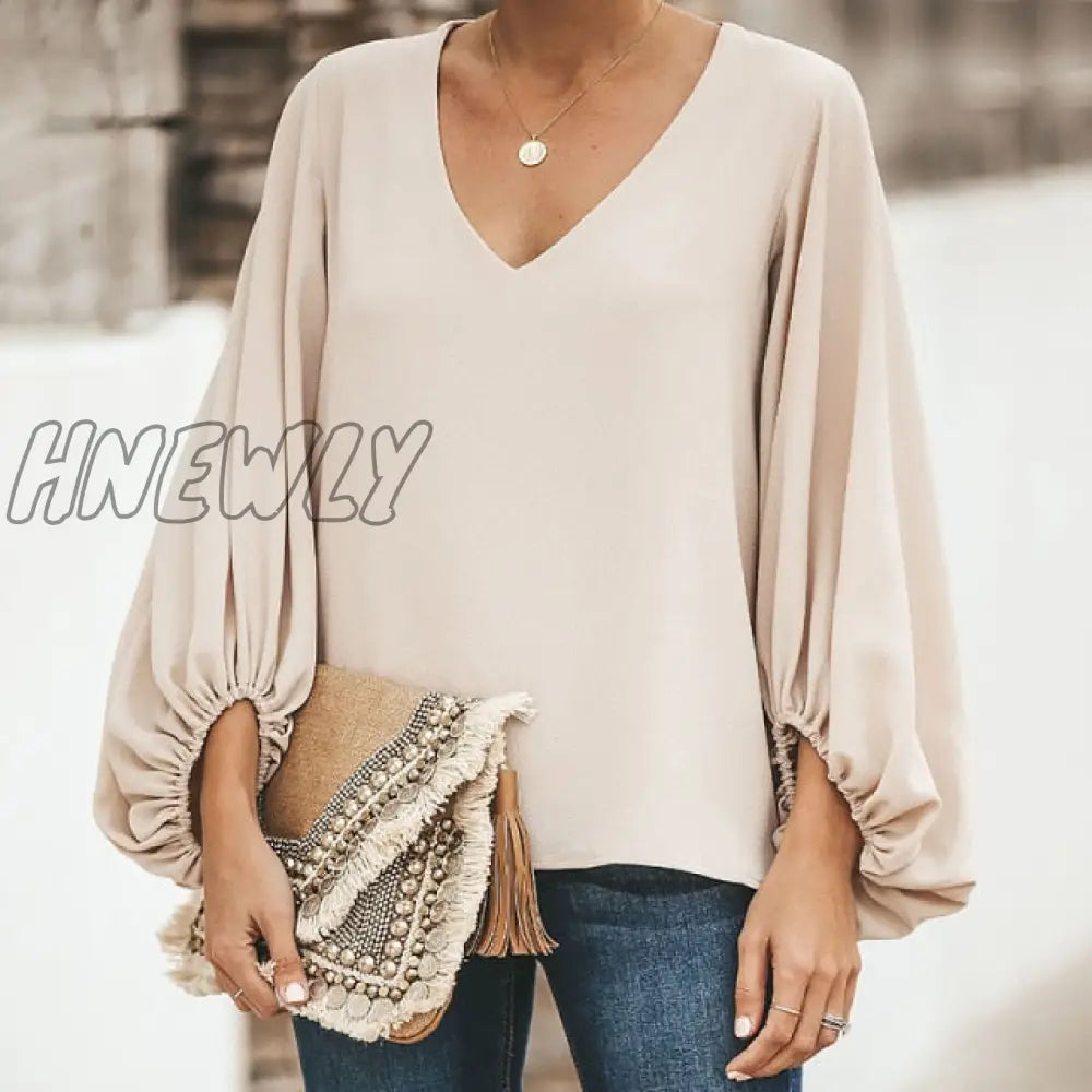 Plus Size Long Lantern Sleeve Chiffon Shirt Women Spring Summer Fall Solid Color V - Neck Loose