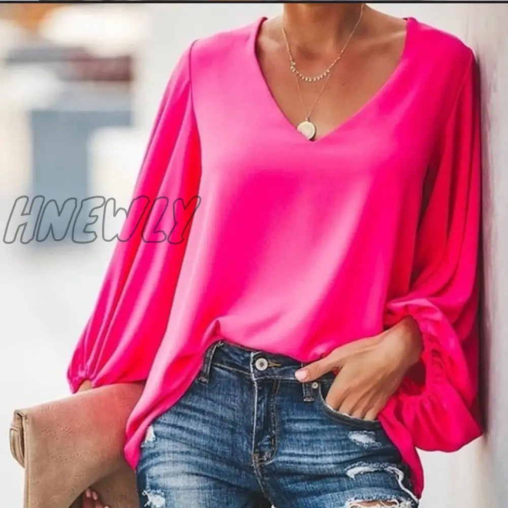 Plus Size Long Lantern Sleeve Chiffon Shirt Women Spring Summer Fall Solid Color V - Neck Loose