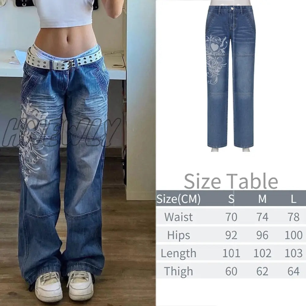 Printed Baggy Y2K Jeans Women’s Low Waist Jeans Autumn Winter Oversize Wide Leg Pants Casual