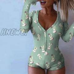 Rabbit V - Neck Cute Long Sleeve Bodycon Bodysuit For Women Fall Winter Sexy Spandex Jumpsuits