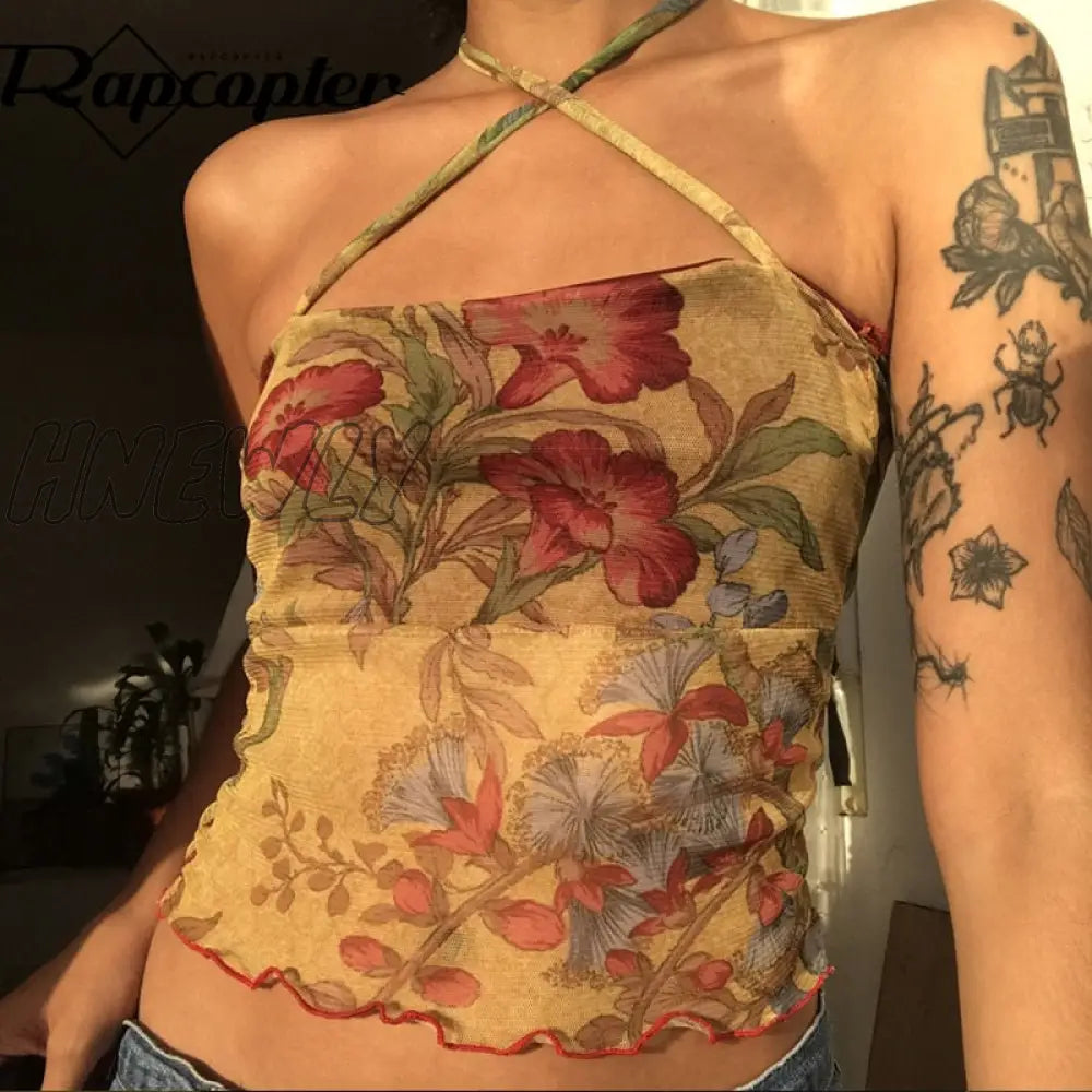 Rapcopter Floral Y2K Crop Top Mesh See Through Sexy Corset Frill Cross Halter Sweats Female Summer