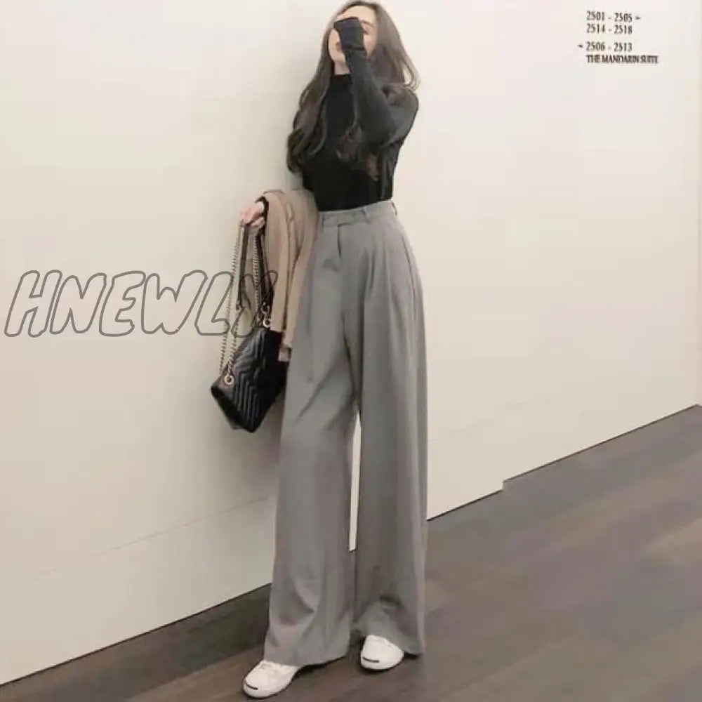 Retro Solid Color Wild Straight Wide Leg Pants Female Spring New Korean Fashion High Waist Casual