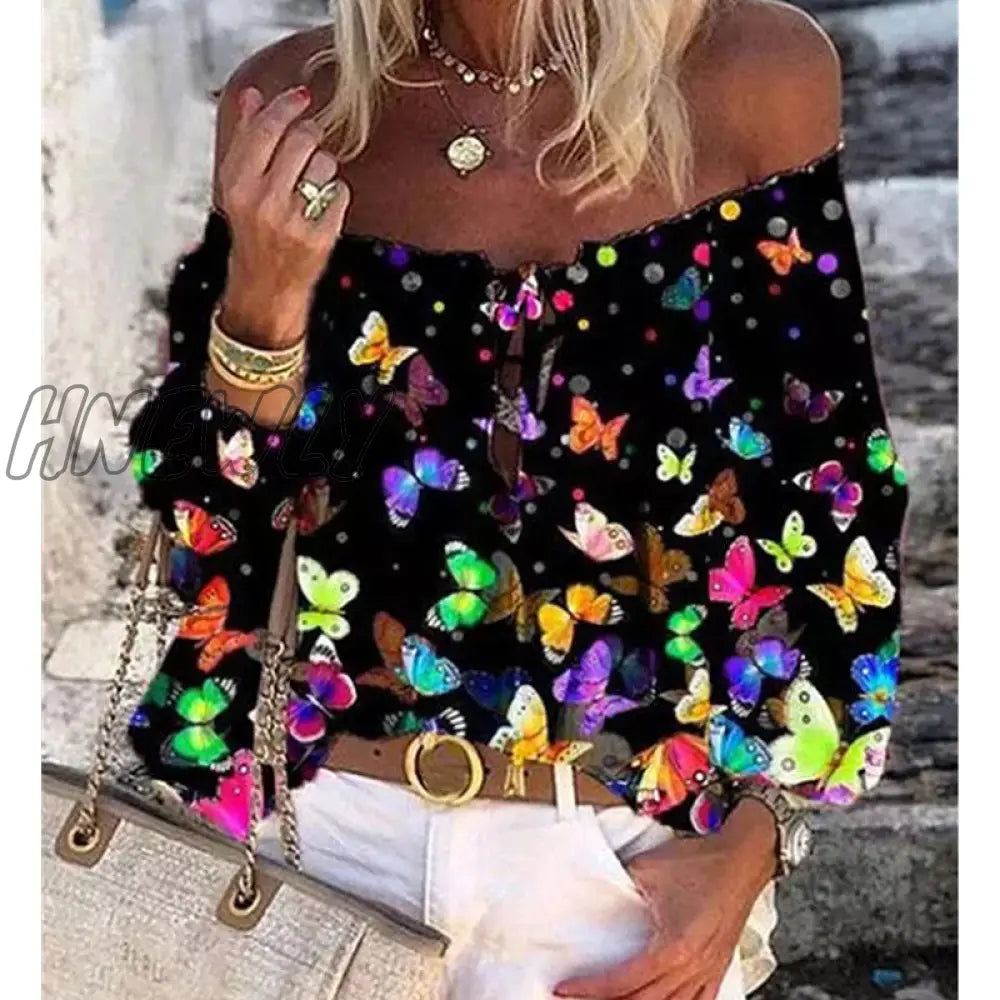 Sexy Women Spring Autumn Ruffles Chiffon Tops Tees Floral Plus Size Belt Off Shoulder Casual Femme