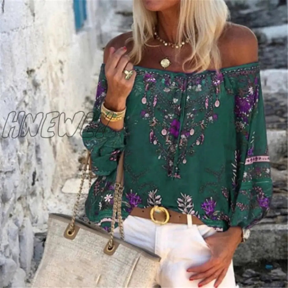 Sexy Women Spring Autumn Ruffles Chiffon Tops Tees Floral Plus Size Belt Off Shoulder Casual Femme