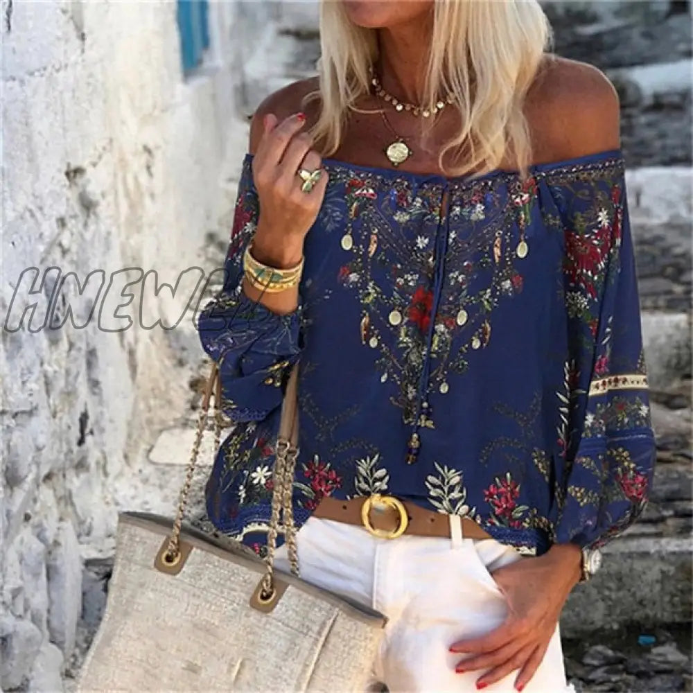 Sexy Women Spring Autumn Ruffles Chiffon Tops Tees Floral Plus Size Belt Off Shoulder Casual Femme