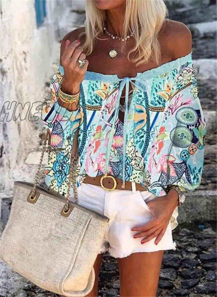 Sexy Women Spring Autumn Ruffles Chiffon Tops Tees Floral Plus Size Belt Off Shoulder Casual Femme