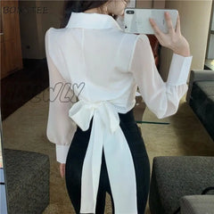 Shirts Women Solid Turn - Down Collar Ins Abdomen Cropped Leisure Korean Style Fashionable Ladies