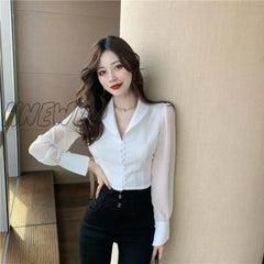 Shirts Women Solid Turn - Down Collar Ins Abdomen Cropped Leisure Korean Style Fashionable Ladies