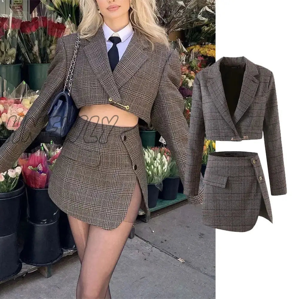 Short Blazers Women’s Autumn Fashion Suits With Skirt Tweed Sexy Office Split Mini 2 - Piece