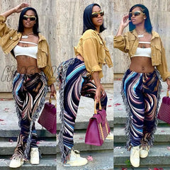 Side Tassels Patchwork Striped Print Jogger Pant Women Rave Festival Clothing Fashion Casual High