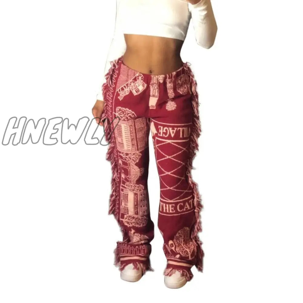 Side Tassels Patchwork Striped Print Jogger Pant Women Rave Festival Clothing Fashion Casual High