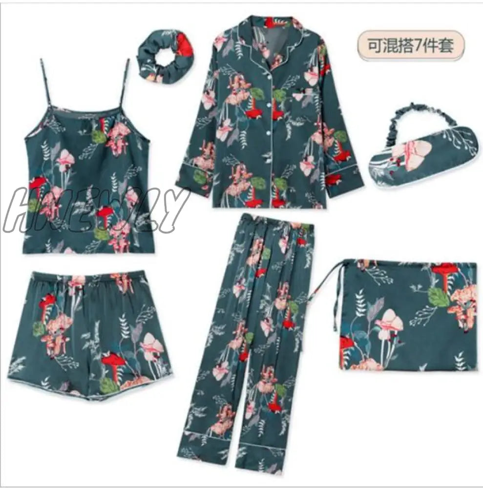 Sleepwear 7 Pieces Pyjama Set Women Autumn Winter Sexy Pajamas Sets Sleep Suits Soft Sweet Cute