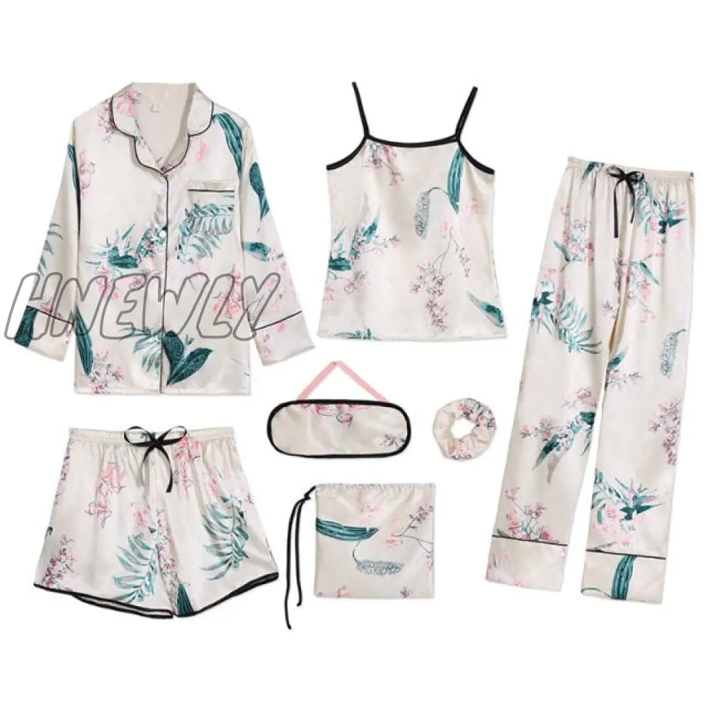 Sleepwear 7 Pieces Pyjama Set Women Autumn Winter Sexy Pajamas Sets Sleep Suits Soft Sweet Cute