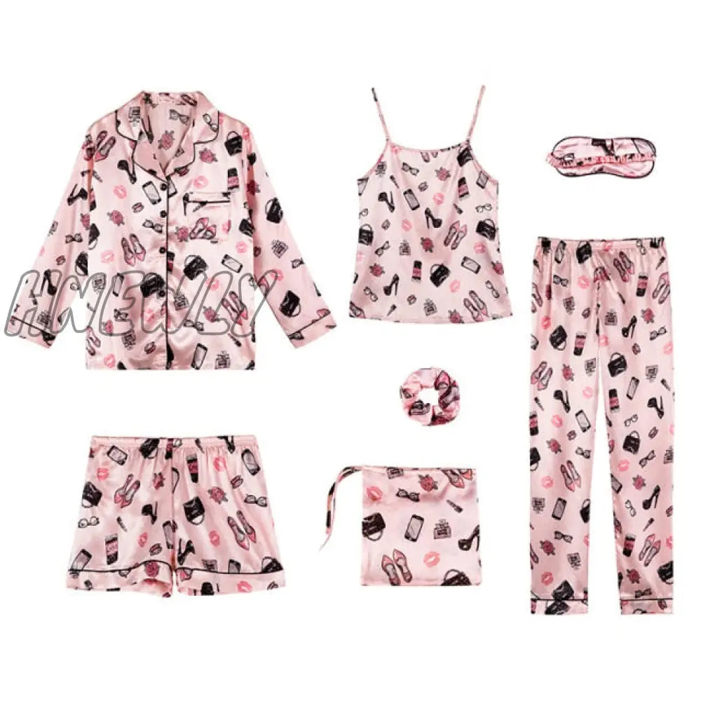 Sleepwear 7 Pieces Pyjama Set Women Autumn Winter Sexy Pajamas Sets Sleep Suits Soft Sweet Cute