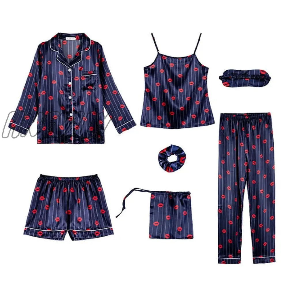 Sleepwear 7 Pieces Pyjama Set Women Autumn Winter Sexy Pajamas Sets Sleep Suits Soft Sweet Cute