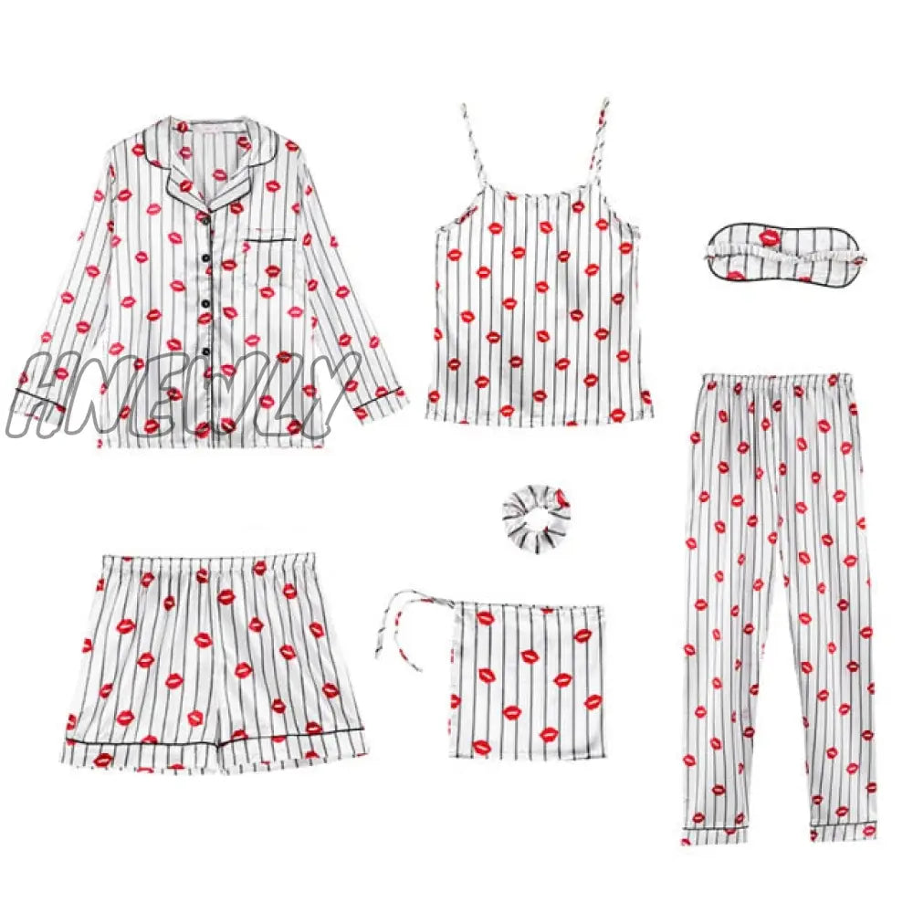 Sleepwear 7 Pieces Pyjama Set Women Autumn Winter Sexy Pajamas Sets Sleep Suits Soft Sweet Cute