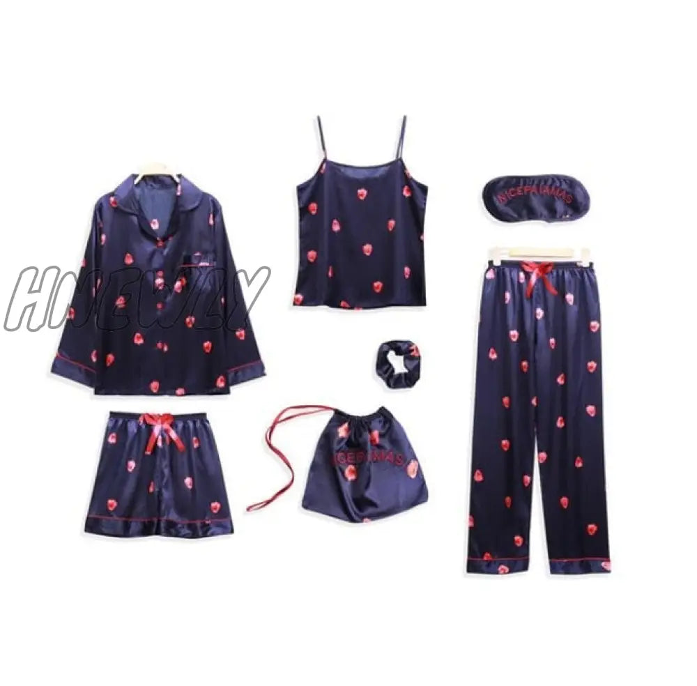 Sleepwear 7 Pieces Pyjama Set Women Autumn Winter Sexy Pajamas Sets Sleep Suits Soft Sweet Cute