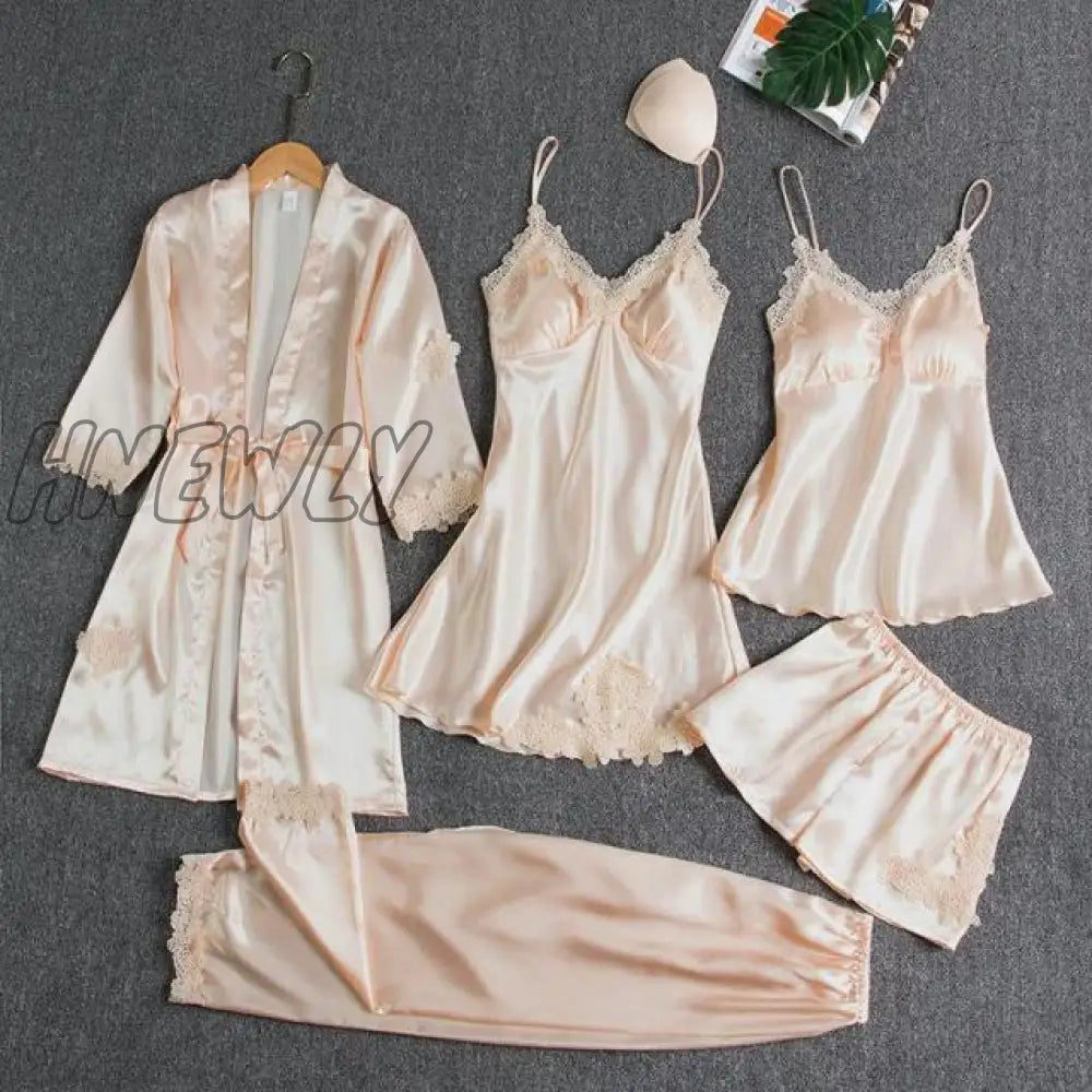 Sleepwear Female 5Pcs Pajamas Set Satin Pyjamamas Lace Patchwork Bridal Wedding Nightwear Rayon