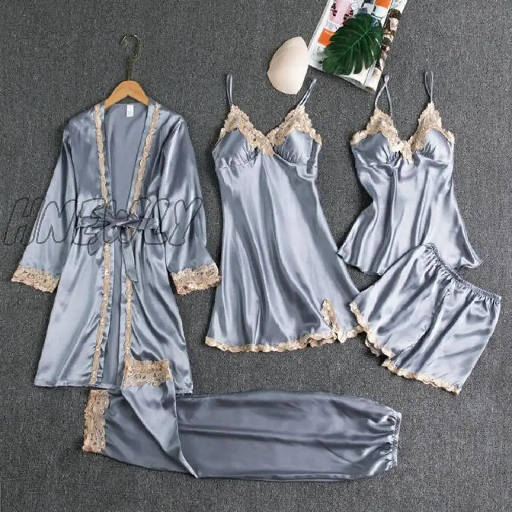 Sleepwear Female 5Pcs Pajamas Set Satin Pyjamamas Lace Patchwork Bridal Wedding Nightwear Rayon