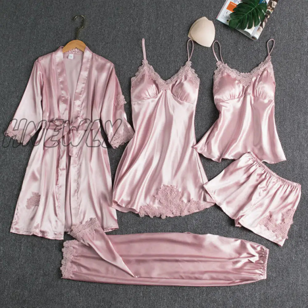 Sleepwear Female 5Pcs Pajamas Set Satin Pyjamamas Lace Patchwork Bridal Wedding Nightwear Rayon