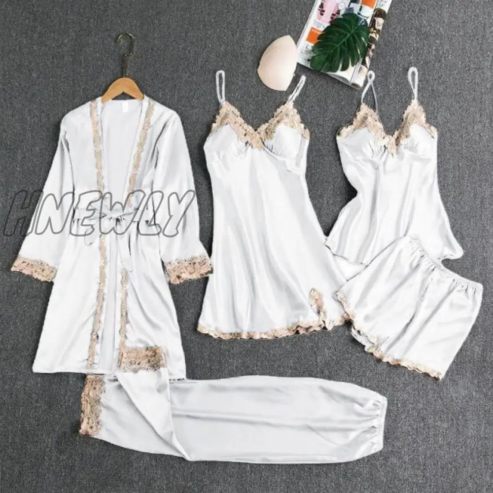 Sleepwear Female 5Pcs Pajamas Set Satin Pyjamamas Lace Patchwork Bridal Wedding Nightwear Rayon