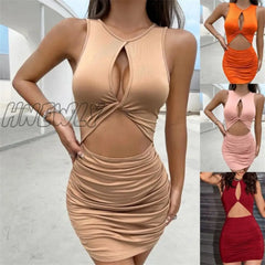 Sleeveless Sexy Mini Dress Women Bodycon Pleated Hollow Out Summer Party Club Solid Short Dresses