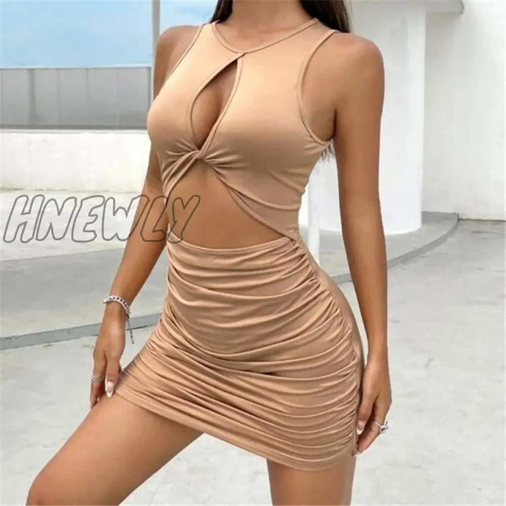 Sleeveless Sexy Mini Dress Women Bodycon Pleated Hollow Out Summer Party Club Solid Short Dresses