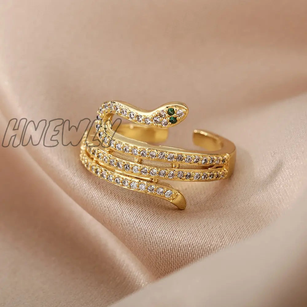 Snake Rings For Women Men Punk Hip Hop Open Adjustable Gold Plated Ring Stainless Steel Zircon