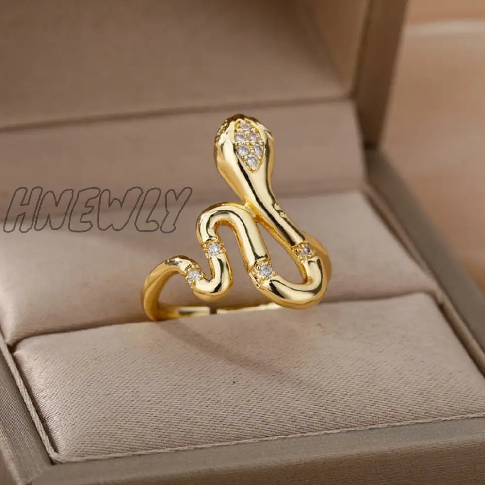 Snake Rings For Women Men Punk Hip Hop Open Adjustable Gold Plated Ring Stainless Steel Zircon