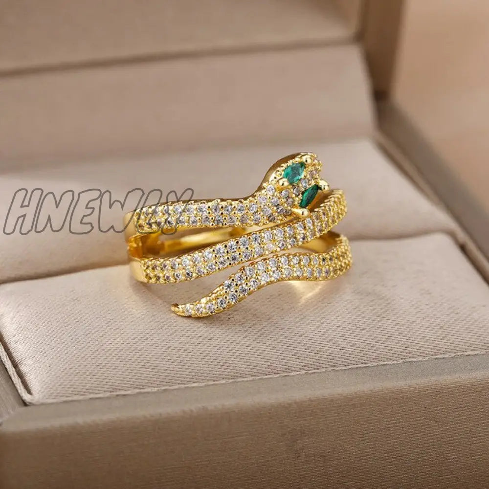 Snake Rings For Women Men Punk Hip Hop Open Adjustable Gold Plated Ring Stainless Steel Zircon