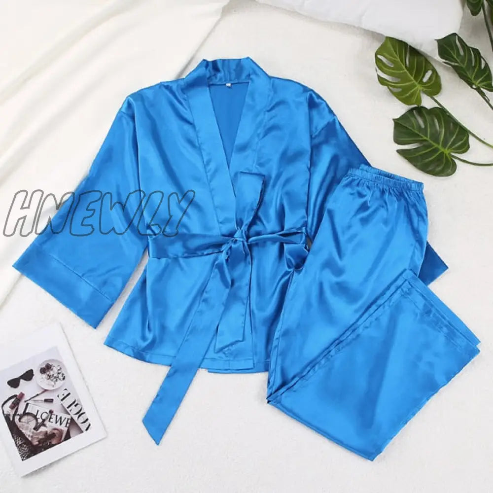 Solid Color Sleepwear Loose Flare Home Pants Three Quarter Sleeve Satin Robe Sets Bathrobe For